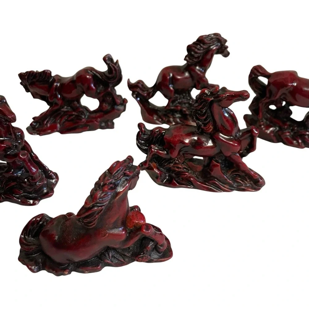 VTG Galloping Horse Figurine Set Home Decor Small Burgundy Red Cinnabar Style